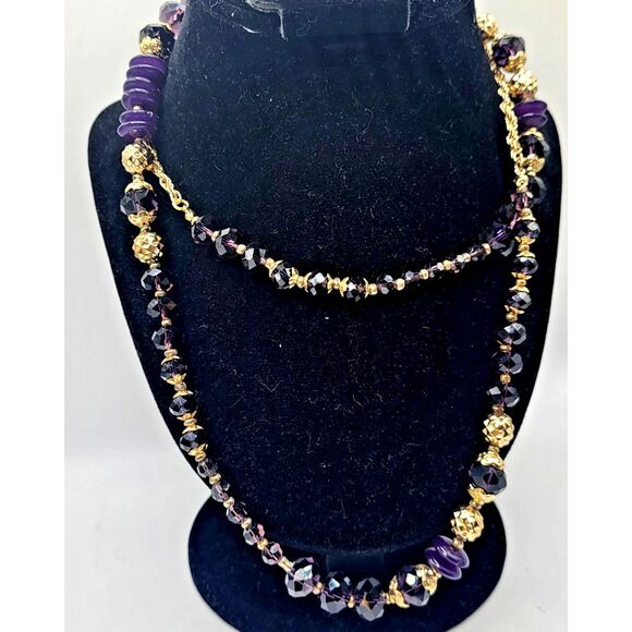 Vintage 80s Beaded Faceted Purple Stone Gold Chain Long Strand Necklace 40in - Picture 2 of 5